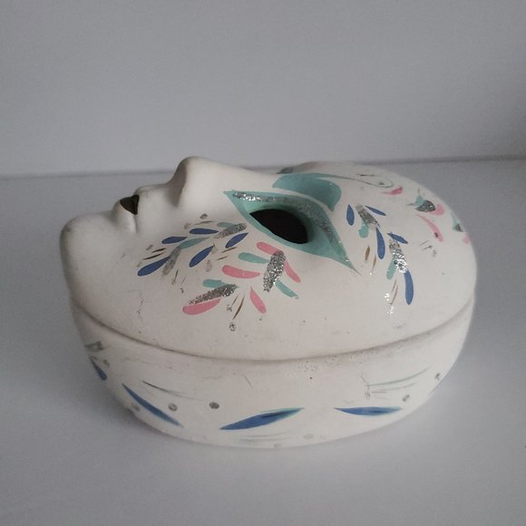 Hand Painted Trinket Box Oval Harlequin Mask Clay Teal Gold Sparkles Mystical - Picture 2 of 6